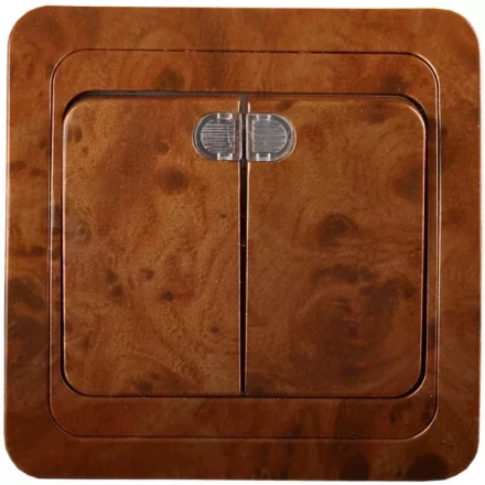 Выключатель СВЕТОЗАР &quot;ГАММА&quot; с подсветкой, двухклавишный, цвет орех, 10A/~250B SV-54135-N купить в Перми