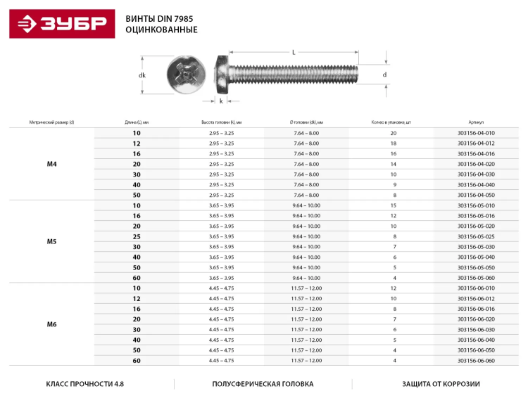 Винт DIN 7985 M4x30мм, 10шт, кл. пр. 4.8, оцинкованный, ЗУБР 303156-04-030 купить в Перми