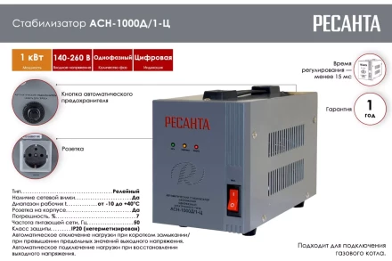 Стабилизатор напряжения Ресанта АСН-1000Д/1-Ц 63/6/38 купить в Перми