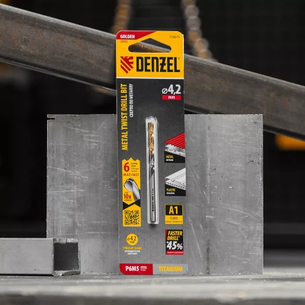 Сверло спиральное по металлу Denzel 4,2 x 75мм, Р6М5, Golden Tip, многогранная заточка, 718273 купить в Перми