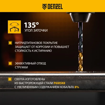 Набор сверл по металлу Denzel, 1-10 мм, Р6М5К8-TiN, Golden Tip, 10 шт 723005 купить в Перми