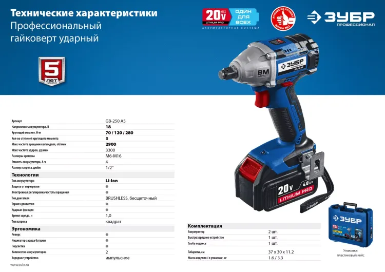 Ударный гайковерт аккумуляторный BL-motor 2 АКБ GB-250 A5 серия ПРОФЕССИОНАЛ купить в Перми