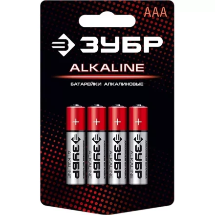 Батарейка &quot;ЗУБР&quot; &quot;ALCALINE&quot; щелочная (алкалиновая), &quot;AAA&quot;, 1,5В, 4шт 59221-4C купить в Перми