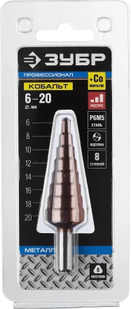 Сверло ЗУБР &quot;КОБАЛЬТ&quot; ступен. по сталям и цв.мет.ст.Р6М5 с кобальт.покрыт.d6-20мм, 8ступ.d6-20,L-75мм, трехгран.хв. 8мм 29672-6-20-8 купить в Перми