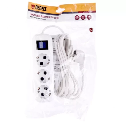Удлинитель бытовой с заземлением и выключателем 3 м 3 розетки 10 A серия УХз10 Denzel 95971 купить в Перми