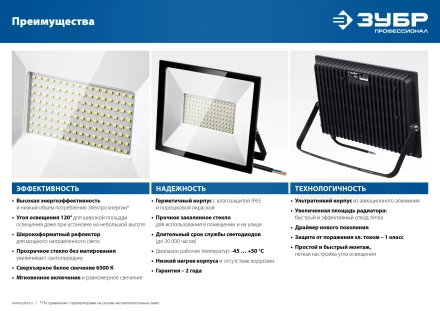 ЗУБР ПСК-50, 50 Вт, 6500 К, IP 65, светодиодный прожектор, Профессионал (57141-50) купить в Перми