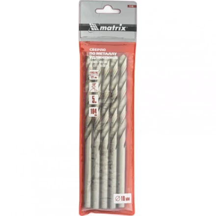 Сверло по металлу 10,0 х 184 мм полированное удлиненное HSS 5 штук цилиндрический хвостовик MATRIX 715100 купить в Перми