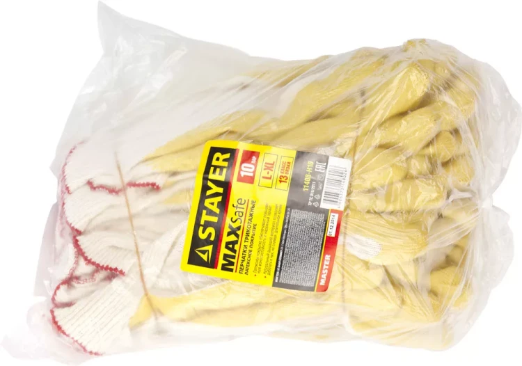 Перчатки STAYER "МASTER" MaxSafe трикотажные, обливная ладонь из латекса, х/б, 13 класс, L-XL, 10 пар 11408-H10 купить в Перми