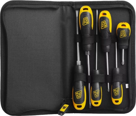 Набор JCB: Отвертки, хромомолибденовая сталь S2, двухкомпонентные рукоятки, магнитный наконечник, 7 предм, чехол JSD019 купить в Перми