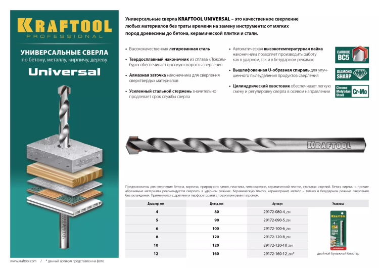 Сверло "UNIVERSAL" по бетону, металлу, дереву, KRAFTOOL PROFESSIONAL 29172-090-5, 5 х 90 мм 29172-090-5_z01 купить в Перми