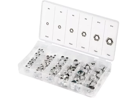 Набор гаек М4 М5 М6 М8 М10 М12 самоконтрящиеся с нейлоновой вставкой 146 предметов СИБРТЕХ 47613 купить в Перми