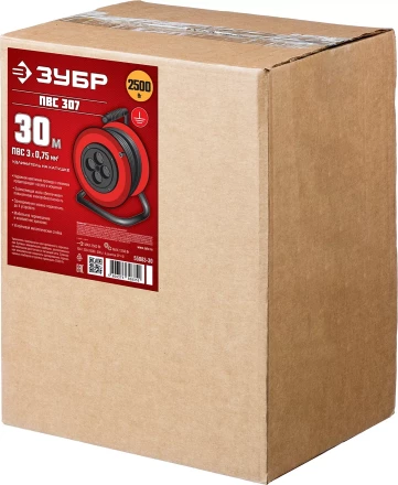 Удлинитель на катушке &quot;ПВС 307&quot;, 30 м, 2500 Вт, 4 гнезда, ПВС 3х0,75 кв мм, ЗУБР 55083-30 купить в Перми