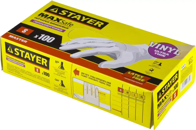Перчатки STAYER "MASTER" виниловые экстратонкие, S, 100шт 11207-S купить в Перми