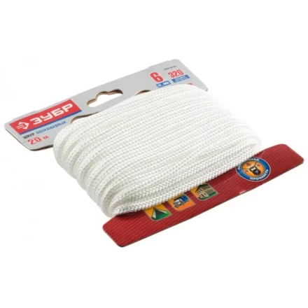 Шнур ЗУБР полиамидный, плетеный, повышенной нагрузки, без сердечника, белый, d 6, 20м 50320-06-020 купить в Перми