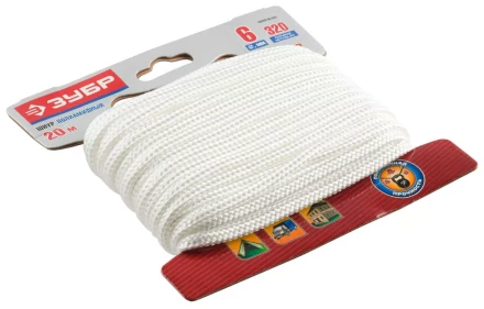 Шнур ЗУБР полиамидный, плетеный, повышенной нагрузки, без сердечника, белый, d 6, 20м 50320-06-020 купить в Перми