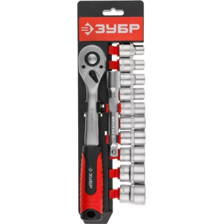 Набор ЗУБР &quot;МАСТЕР&quot;: Торцовые головки (1/2&quot;) на пластиковом рельсе, трещотка, удлинитель, Cr-V, 10-24мм, 12 предметов 27647-H12 купить в Перми