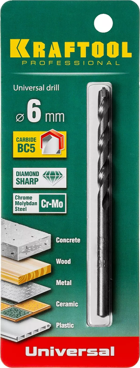 Сверло "UNIVERSAL" по бетону, металлу, дереву, KRAFTOOL PROFESSIONAL 29172-100-6, 6 х 100 мм 29172-100-6_z01 купить в Перми