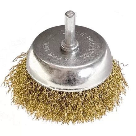 Щетка для дрели, 65 мм, &quot;чашка&quot; со шпилькой, латунированная витая проволока MATRIX 74477 купить в Перми