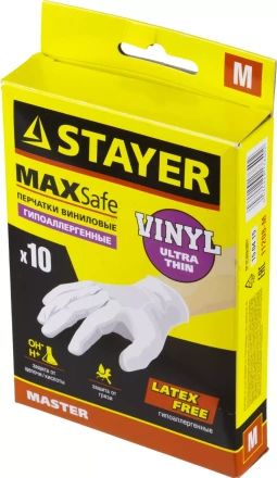 Перчатки STAYER &quot;MASTER&quot; виниловые экстратонкие, M, 10шт 11208-M купить в Перми
