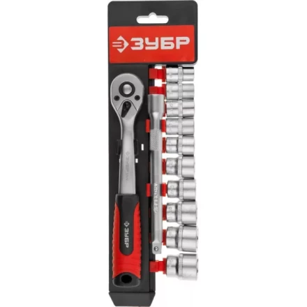 Набор ЗУБР &quot;МАСТЕР&quot;: Торцовые головки (3/8&quot;) на пластиковом рельсе, трещотка, удлинитель, Cr-V, 10-19мм, 12 предметов 27646-H12 купить в Перми
