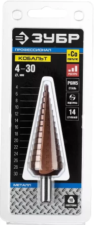 Сверло ЗУБР &quot;КОБАЛЬТ&quot; ступен. по сталям, цв.мет.ст.Р6М5 с кобальт.покрыт.d4-30 мм,14ст.d4-30, L-100мм, трехгр.хв. 10мм 29672-4-30-14 купить в Перми