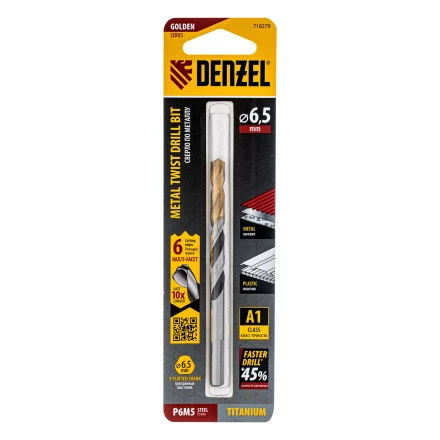 Сверло спиральное по металлу Denzel 6,5 x 93мм, Р6М5, Golden Tip, многогранная заточка, 718279 купить в Перми