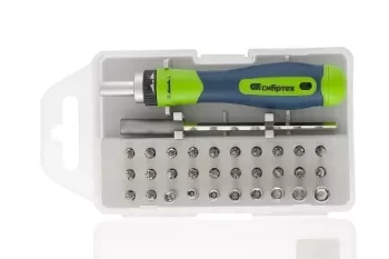 Отвертка реверсивная для точных работ с набором бит и торцевых головок, удлинитель, 32 предм., CrV 13370 купить в Перми